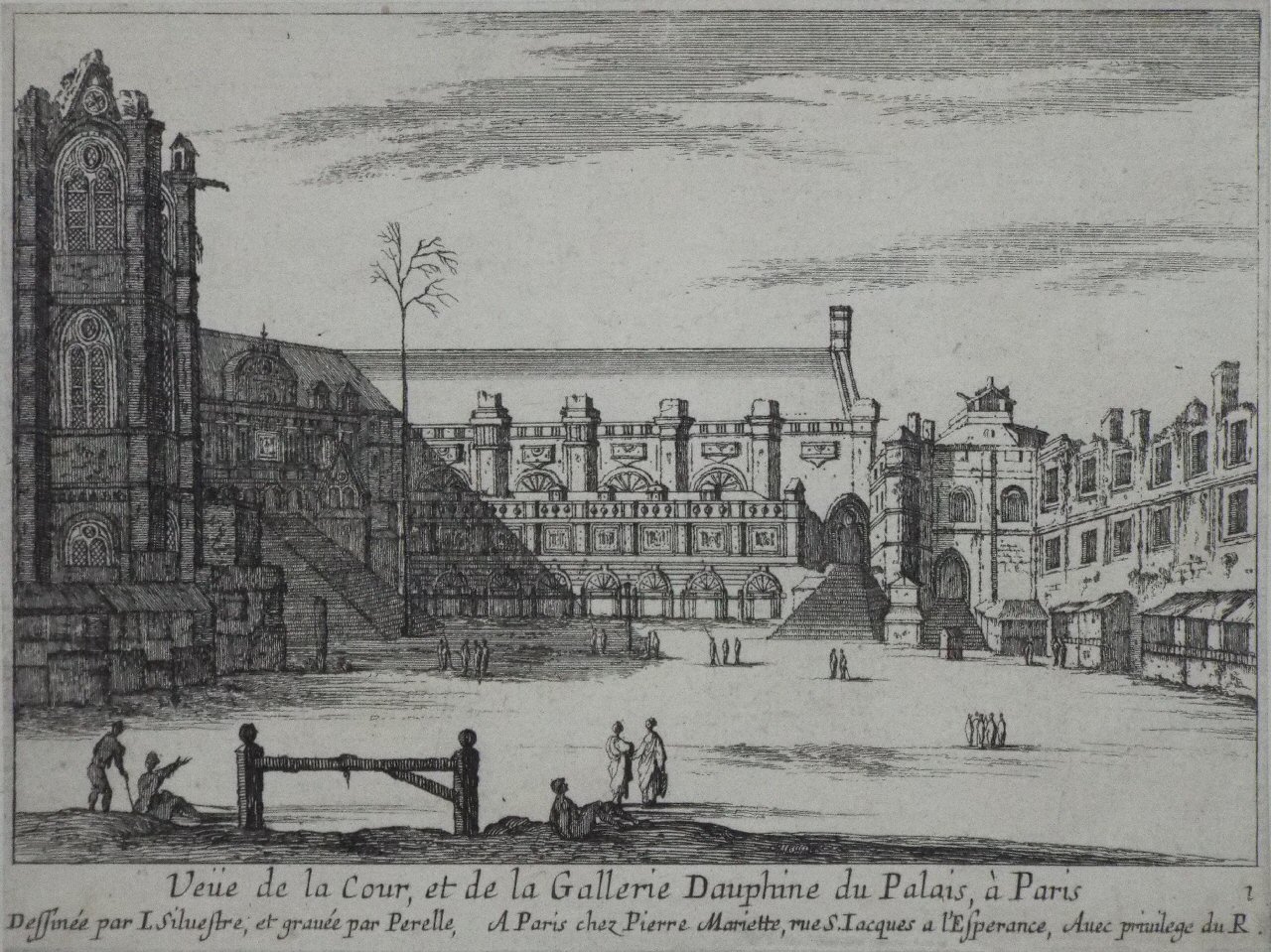 Etching - Veue de la Cour, et de la Gallerie Dauphine du Palais, a Paris - Perelle